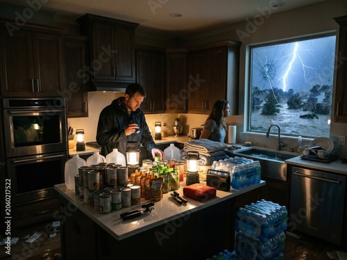 Couple preparing for a severe storm with emergency supplies in their kitchen during a power outage.
