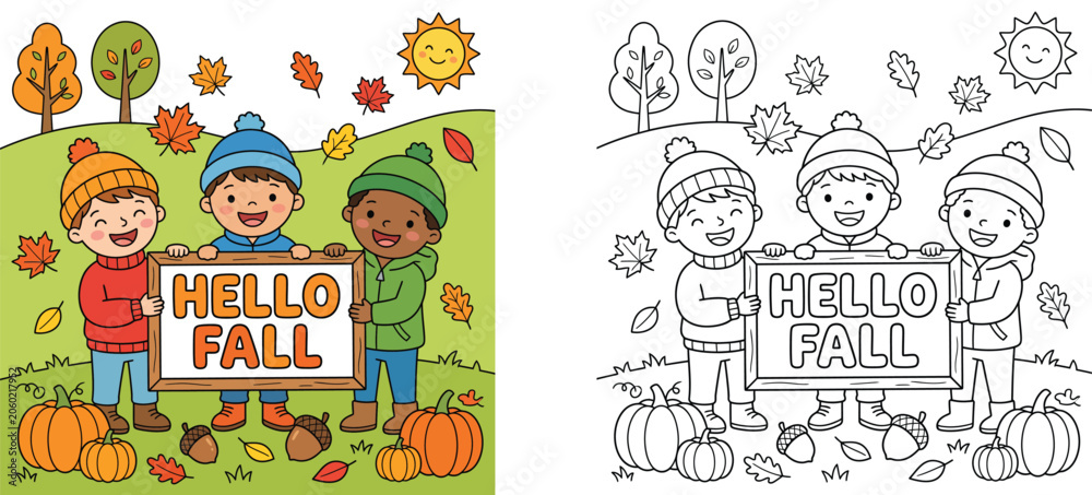Fototapeta premium Kids holding hello fall sign cartoon illustration and coloring page set. Children with autumn pumpkins, leaves, and sun vector template for educational activity.