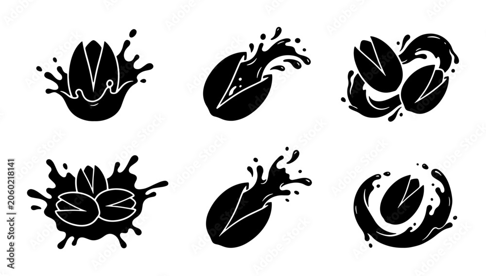 Fototapeta premium Pistachio Icons, Nut Splashes, Food Graphics, Healthy Snack Vector Set, Black and White