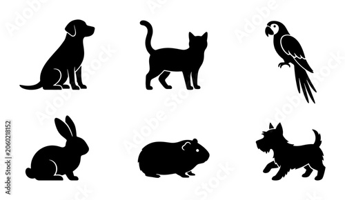Photos Six Silhouette Pet Icons, Animal Vector Collection: Dog, Cat, Parrot, Rabbit, Gu
