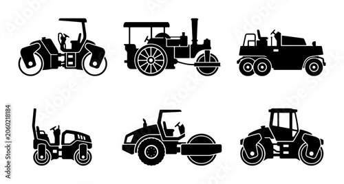 Foto Set of Six Black Silhouette Road Rollers, Vintage Steam Engine and Modern Compac