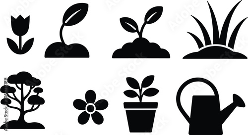 Schilderij op canvas Gardening and plant growth silhouette icons set featuring sprout, seedling, flow