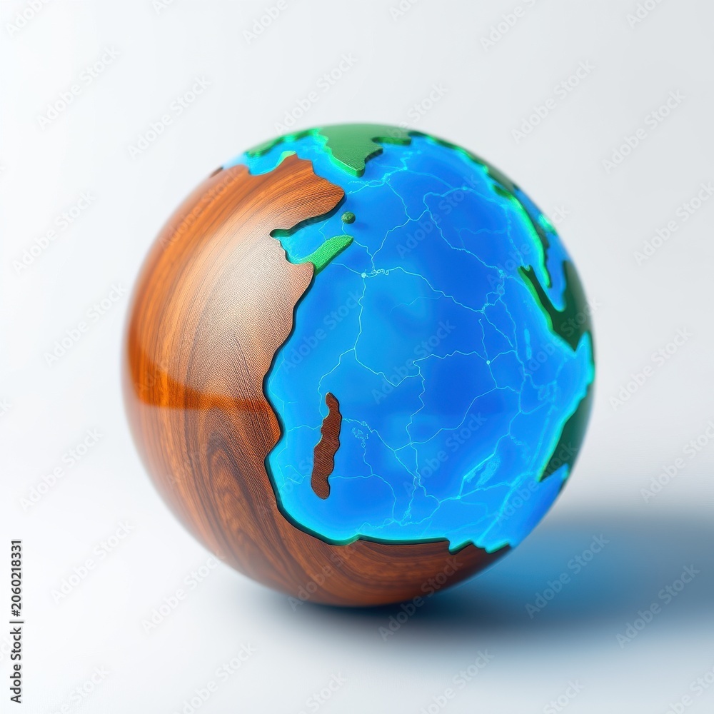 Obraz premium Stylized globe, wood texture contrasts blue oceans, green landmasses. Bright lighting, simple background. Minimalist design.