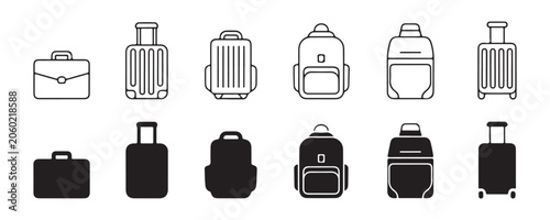 Fotografie Travel baggage icons set with suitcase backpack and briefcase silhouettes for journey preparation