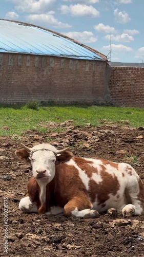 Brown and white spotted cow lying down in mud farm
