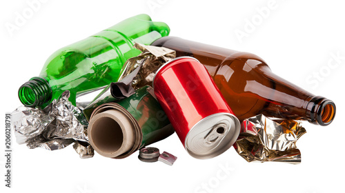 Recycling pile of crushed aluminum can green plastic bottle brown glass bottle, and crumpled foil