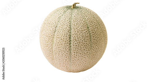 Whole cantaloupe melon with textured rind and stem