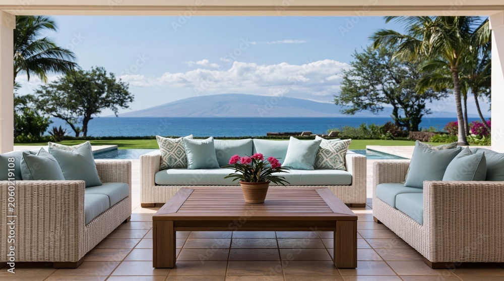 Fototapeta premium Patio with luxury wicker furniture and ocean view in a tropical outdoor living lounge