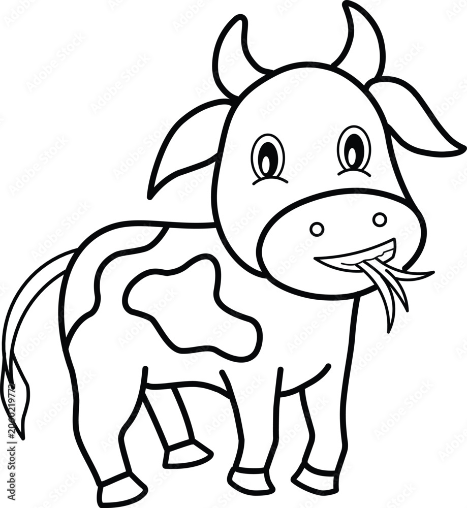 Obraz premium Cute cartoon cow eating grass line art coloring page