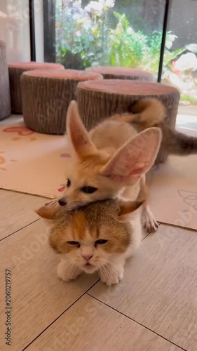 Funny fennec fox riding cat pet indoor 