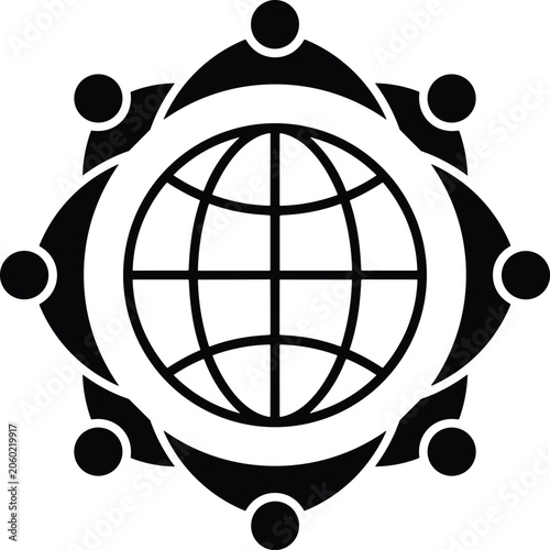 Global Community Network Icon with Connected People and World Globe Symbol for International Collaboration, Communication, and Social Organization Designs