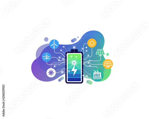 AI Powered Smart Battery Storage Concept with Renewable Energy Icons Solar Wind Hydro, Artificial Intelligence Managing Sustainable Power Grid Vector Illustration on Fluid Background