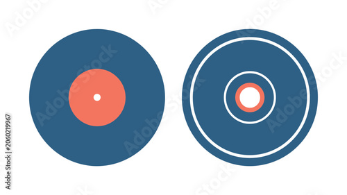 Vector illustrations of vinyl records in dark blue with orange center labels for music and audio concepts
