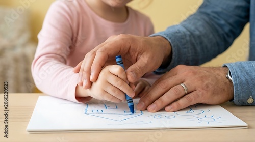 father's hand guiding a young child's hand to draw