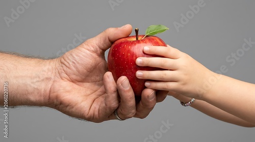 father's hand and young girl's hand holding a single ripe red apple