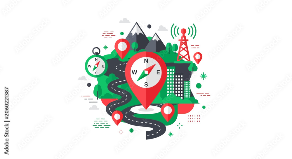 Naklejka premium GPS Navigation and Travel Planning Vector Illustration with Map Pins, Compass, Winding Road, City and Mountains Concept