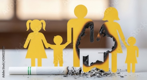 Family silhouette burning on cigarette butt, symbolizing danger of smoking