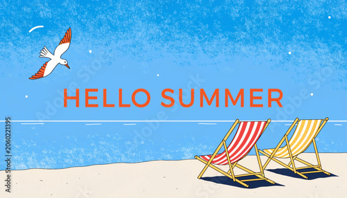 Beach vector banner Hello Summer with flying seagull, striped deck chairs, and orange typography on blue sky background.
