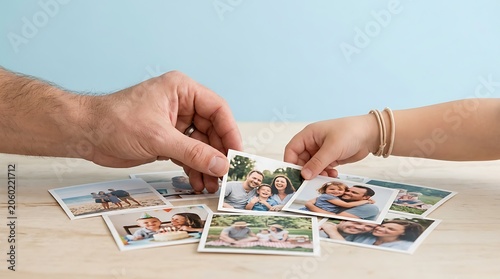 Father’s hand and child’s hand arranging family photo prints