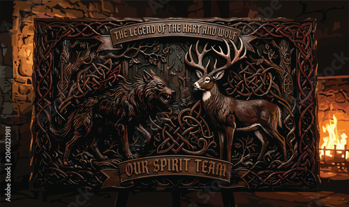 Tableau sur toile Detailed wooden carving illustration of wolf and stag, Celtic knotwork, fantasy