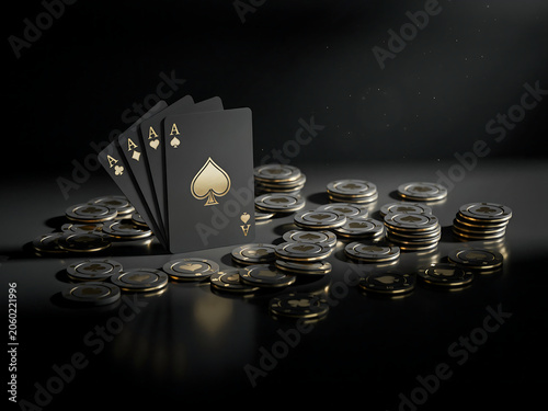 Luxury black poker cards with gold aces and matching casino chips on dark reflective surface, the type of 3D photorealistic.