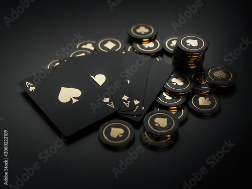 Luxury black poker cards with gold aces and matching casino chips on dark reflective surface, the type of 3D photorealistic.
