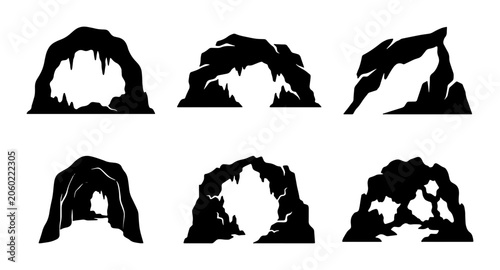 Vászonkép Set of 6 Black Cave Entrances, Natural Rock Arches, Geological Formations, Under
