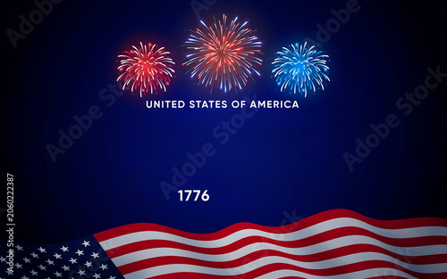 Patriotic USA vector with 1776 celebratory text, red white blue fireworks, and bold typography on navy blue background.