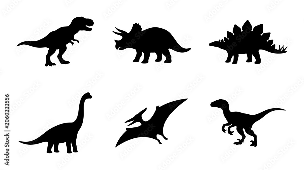 Obraz premium Dinosaur Silhouettes Collection: Prehistoric Icons, Ancient Reptile Vector Set, Jurassic Era Creatures for Kids and Education