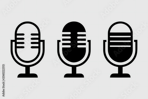 Minimalist microphone vector icon set featuring three black linear and solid podcast mic designs. 
