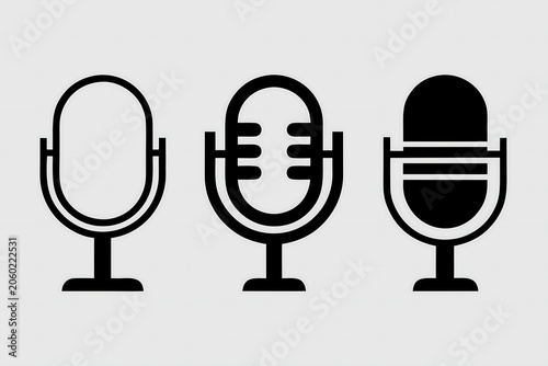 Minimalist microphone vector icon set featuring three black linear and solid podcast mic designs. 