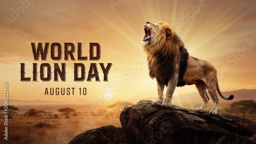 World Lion Day August 10 poster with a roaring lion on a rock at sunset