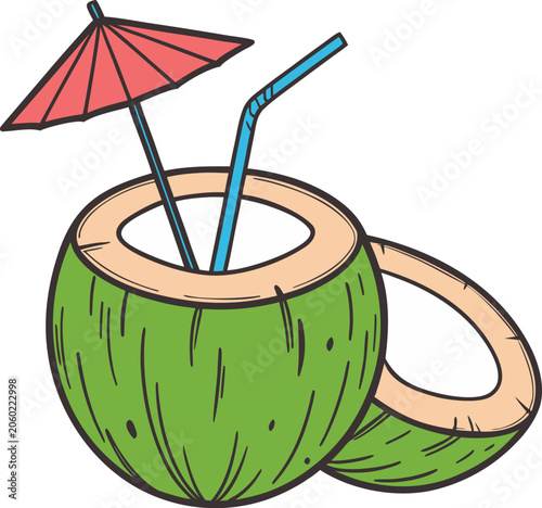 Photos Summer Coconut Drink with Cocktail Umbrella.