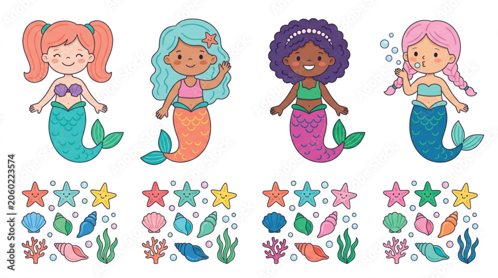 Fototapeta premium Cute cartoon mermaid character set with colorful fish tails and sea accessories flat vector collection for nursery prints