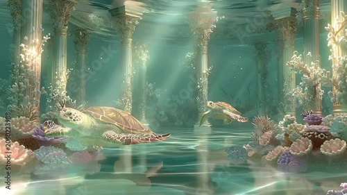Lost ancient civilization archeology fantasy. A vivid underwater scene features two sea turtles swimming gracefully amidst a vibrant coral reef. The scene is bathed in a soft.