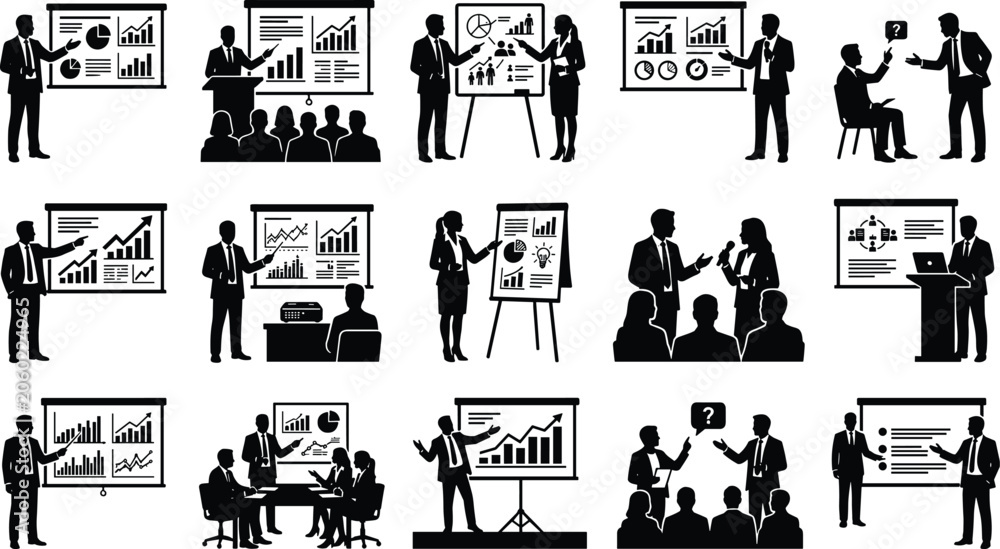 Obraz premium Business presentation silhouettes speaker giving training seminar with corporate report financial charts set