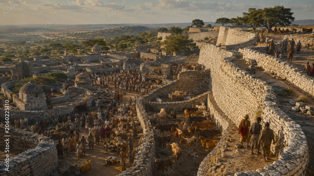 Obraz premium Medieval African Stone City Thriving Along Ancient Trade Networks