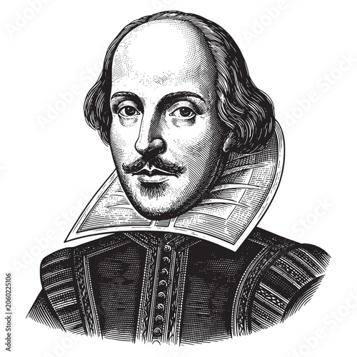 William Shakespeare Portrait Illustration, Vintage Hand-Drawn English Playwright Engraving