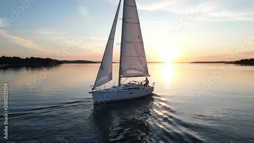 A White Sailboat Glides Across Calm Water During a Golden Sunset