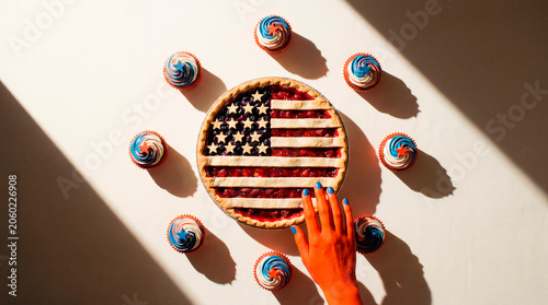 Blue nailed hand beside patriotic star pie ringed by festive cupcakes