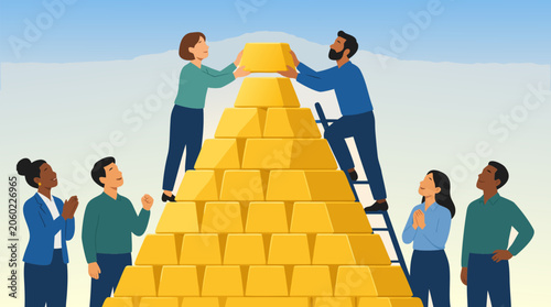 Team of business professionals collaboratively placing the final golden bar on top of a heavy gold pyramid, symbolizing shared success, ultimate achievement, financial growth, and teamwork.