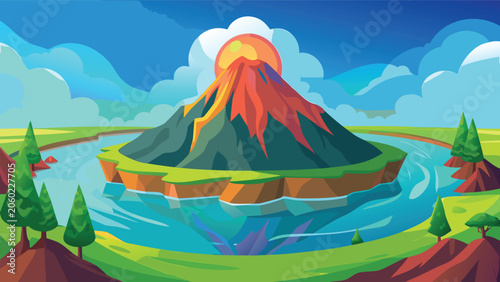 Tableau sur toile Volcano erupting with lava flow in a serene landscape during sunset vector illus