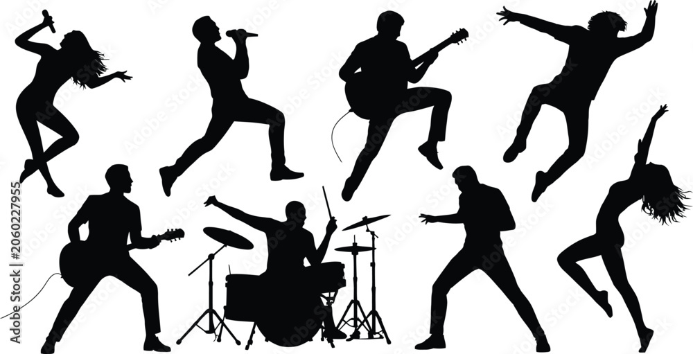 Naklejka premium Energetic silhouettes of singers, guitarists, drummer, and dancers performing music concert with microphones, instruments, and dynamic dance movement illustration