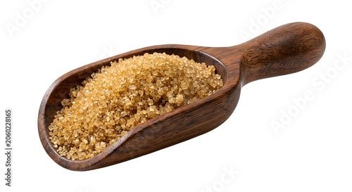 Wooden scoop of brown sugar crystals, unrefined sweetener and an ingredient isolated on transparent or white background