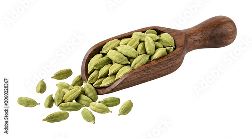 Wooden scoop of cardamom seeds isolated on transparent or white background