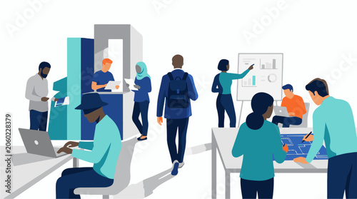 A group of diverse people working together in a modern office space