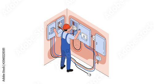 Electrician working on electrical panel, installing wires and switches in a room