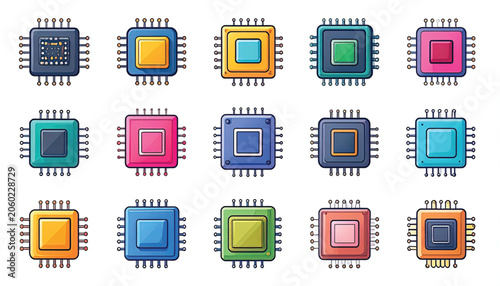 Colorful microchip computer hardware components.