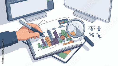 A hand draws on a graphic tablet with a cityscape and magnifying glass nearby