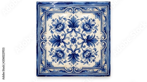 Traditional blue and white floral ceramic tile